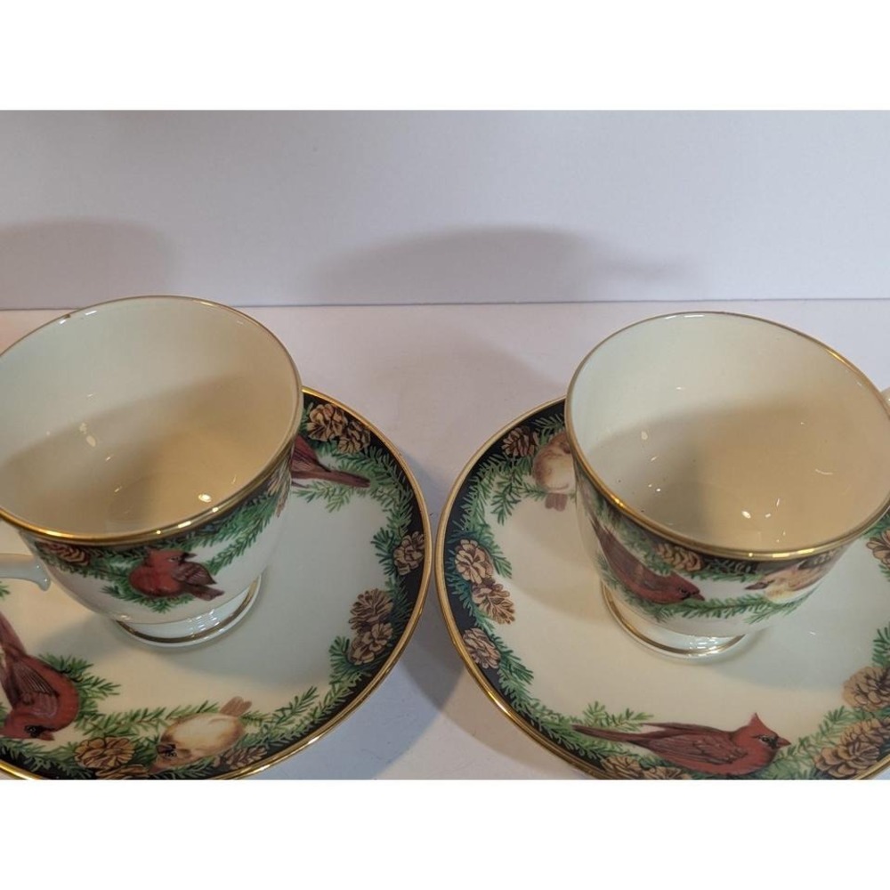 Lenox Birds of America Cardinal Set of 2 Teacups & Saucers 1993 - Picture 4 of 8